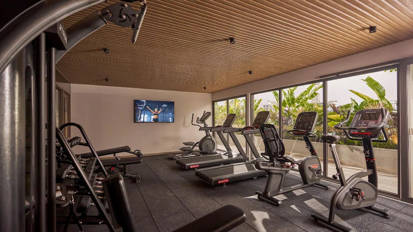 Phòng gym kết hợp thiết bị cardio, tập sức mạnh, sàn an toàn và ánh sáng tự nhiên.