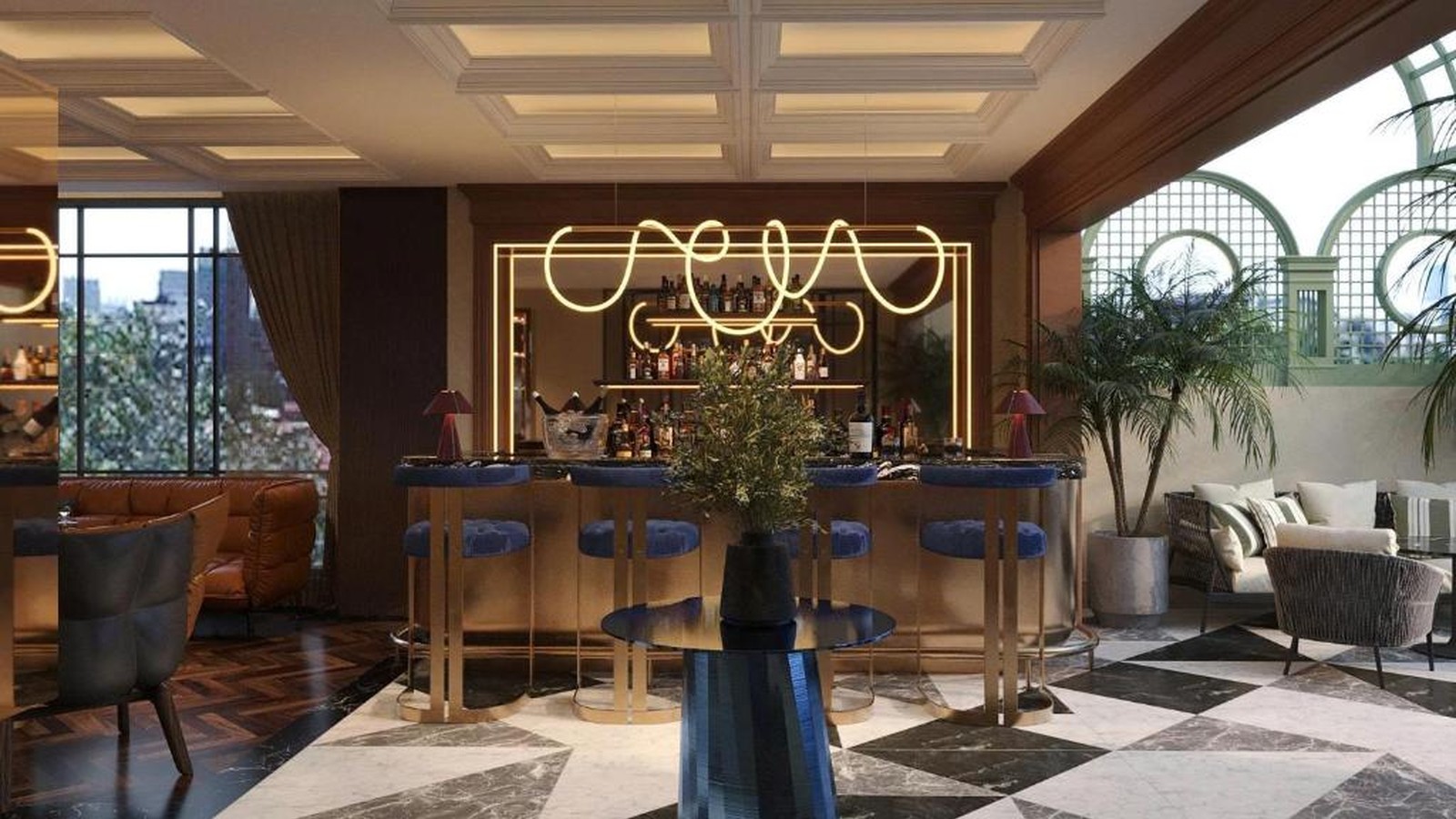 Bar tân cổ điển đương đại sử dụng hình học, ánh kim và ánh sáng nghệ thuật.