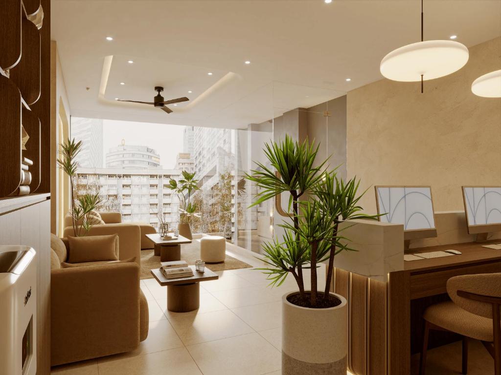 Khu chờ spa khách sạn 3 sao hiện đại với cửa kính lớn, sofa và cây xanh