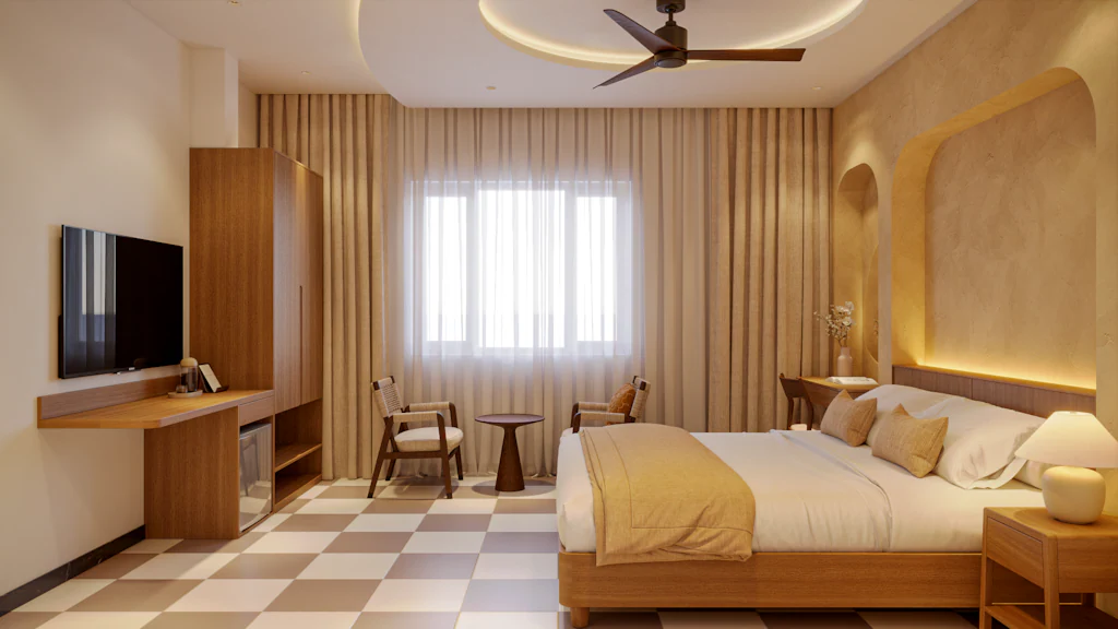 Phòng ngủ rộng khách sạn 3 sao hiện đại với giường gỗ, khu ngồi và cửa sổ lớn